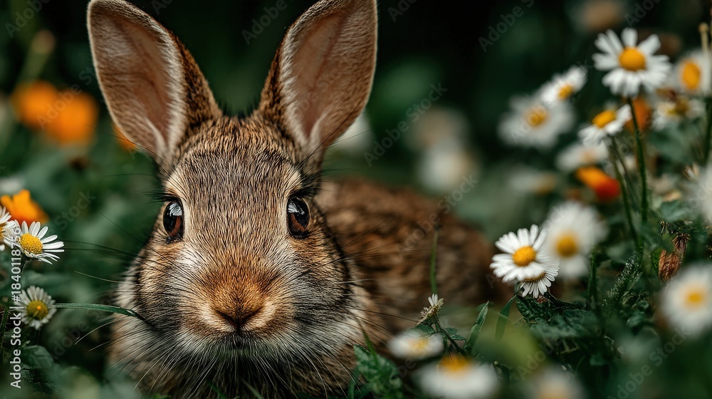Fototapeta premium Brown rabbit in lush green meadow with tiny white daisies