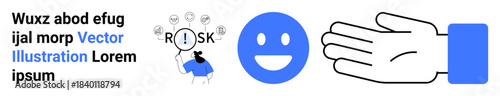 Business strategy, risk analysis, safety measures, emotion , decision-making, and teamwork. Human with risk cloud, blue happy face and open hand icon. Risk analysis and safety measures