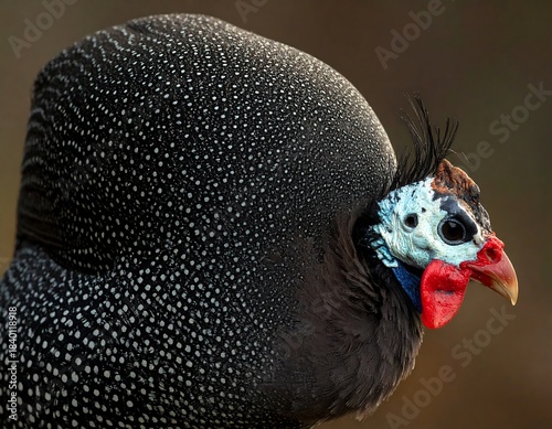 Guinea fowl's patterned plumage contrasts with its colorful face, captured in a close-up against blurred background