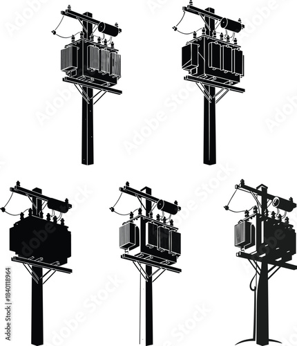 Utility pole transformer silhouettes, electrical infrastructure variations, power grid components, voltage system icons, flat vector