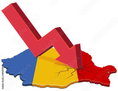 Romania map (flag colors) cracked by a giant red arrow plunging downward. Concept for economic crisis, recession, or financial shock in Europe. (cut out)