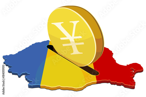 Romania flag map acting as a piggy bank receiving a giant golden yen coin. Concept for foreign investment, national finance, or taxation. (cut out)
