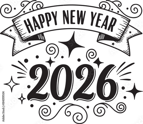 Happy new year 2026 hand drawn silhouette isolated on transparent background
