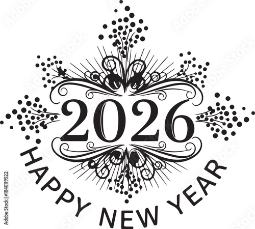 Happy new year 2026 hand drawn silhouette isolated on transparent background