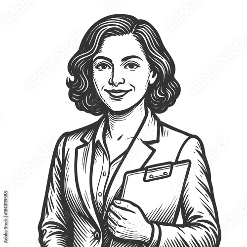 professional female marketer in a blazer, holding a clipboard and smiling confidently sketch engraving generative ai fictional character vector illustration. Scratch board. Black and white image.