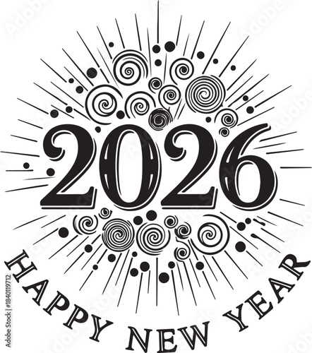 Happy new year 2026 hand drawn silhouette isolated on transparent background