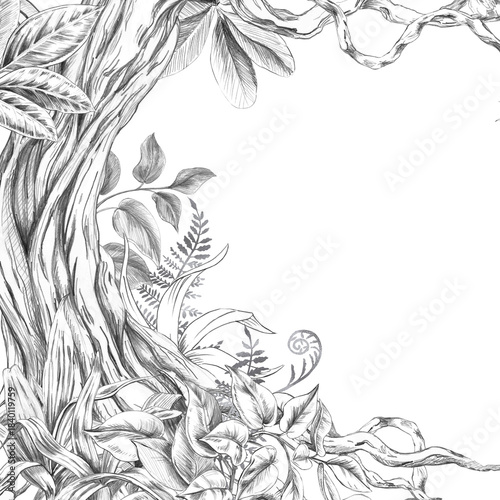 Φωτογραφία A square frame with a large tree trunk entwined with plants at the roots