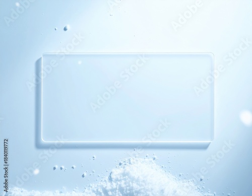 Glowing rectangular translucent panel with soft rounded corners rests gently on a light blue surface featuring scattered white powder.
