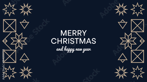 Elegant minimalist Christmas greeting card with geometric gold line art ornaments and Merry Christmas and Happy New Year text on dark background