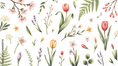 Spring floral pattern creating seamless watercolor illustration