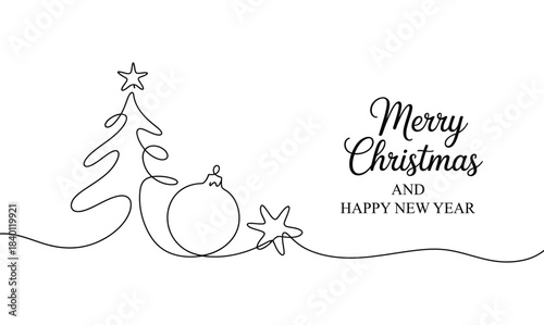 Minimal continuous line drawing of Christmas tree, bauble and star with elegant Merry Christmas and Happy New Year text on clean white background