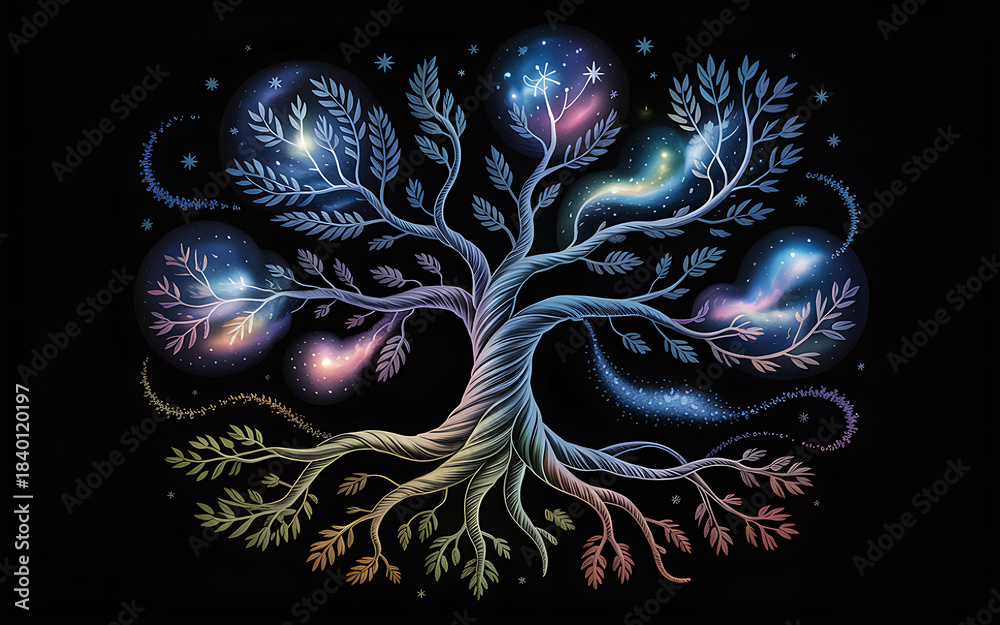 Naklejka premium Stylized Tree of Life with Cosmic Orbs and Starry Branches