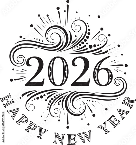 Happy new year 2026 hand drawn silhouette isolated on transparent background