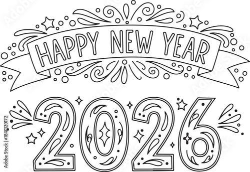 Happy new year 2026 hand drawn silhouette isolated on transparent background