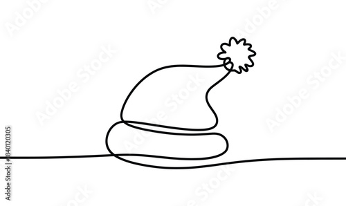 Minimal continuous line drawing of a winter hat with pom pom, simple single-line illustration of seasonal clothing accessory on clean white background