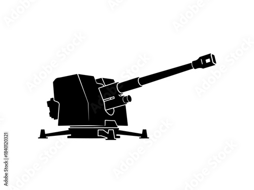 Silhouette of a large caliber anti-aircraft gun mounted on a stable base with deployed outriggers.