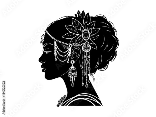 Silhouette of a woman's profile adorned with intricate jewelry and a floral headpiece.