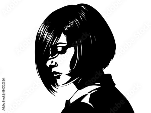 A striking black and white illustration of a woman with short, dark hair, her face partially obscured by shadow, conveying a sense of introspection or melancholy.