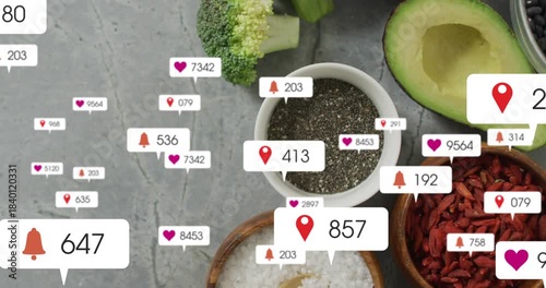 Notice popping above chia bowl, tags flooding over bowls, spoon scooping salt, showing buzz