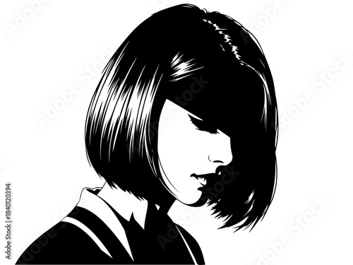 A striking black and white illustration of a young woman with a short bob haircut, her face partially obscured by shadow.