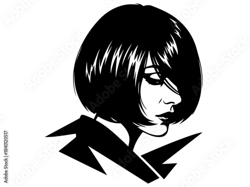 A striking black and white illustration of a woman with a bob haircut, looking down with her eyes partially obscured by her hair.