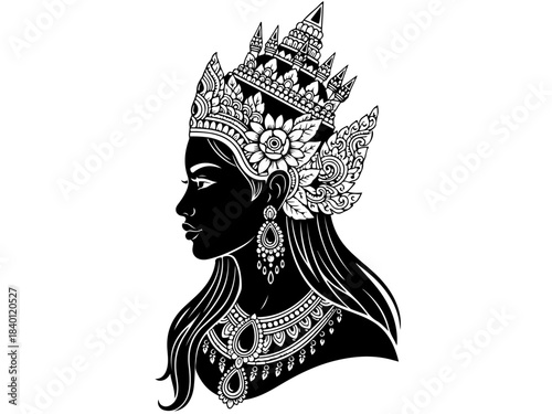 A detailed black and white illustration of a woman's profile wearing an elaborate crown and traditional jewelry.