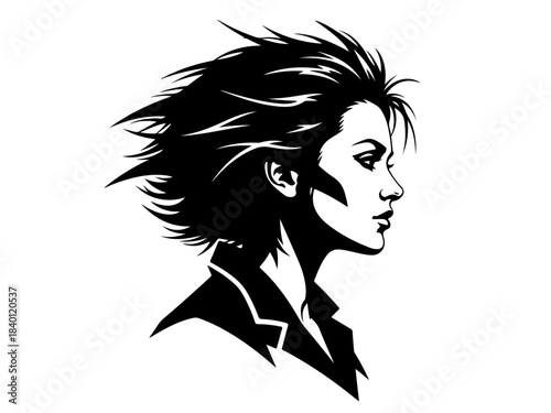 A striking black and white illustration of a person's profile with windswept hair and sharp features.