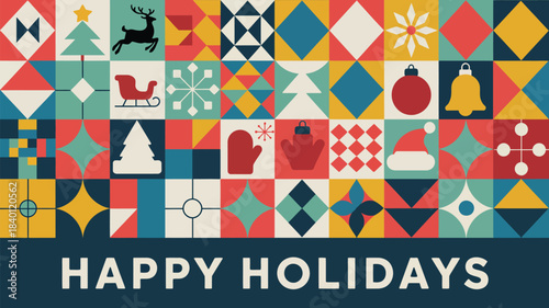 Colorful geometric holiday greeting card featuring festive Christmas icons, abstract winter patterns, and a bold Happy Holidays message in modern design