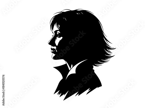 A striking black and white silhouette of a woman's profile, with her hair styled and collar of her shirt visible.
