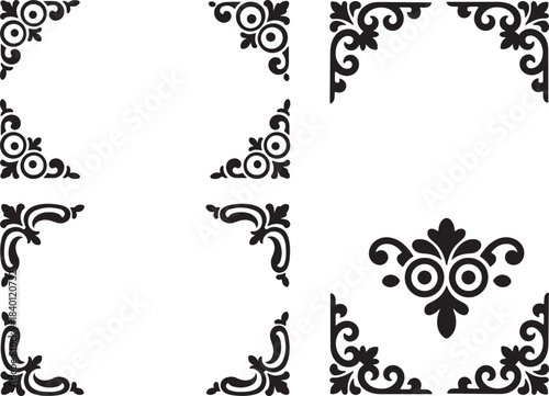 Ornate Corner and Border Embellishment Icon Set Floral Swirl Motifs Black Silhouette Vector Illustration