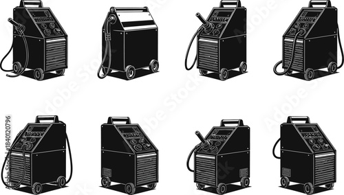 Welding machine icon set, industrial equipment views with torch and cables for fabrication, flat vector