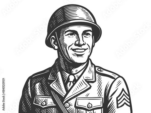 cheerful male soldier in military uniform and helmet, representing service, duty, and patriotism sketch engraving generative ai fictional character vector illustration. Scratch board. Black and white.