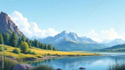 Serene lake reflects mountains under a bright sky