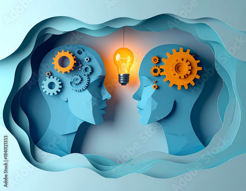 Brainstorming and collaboration concept with paper cut style and gears