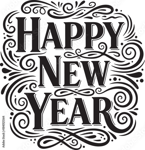 Elegant happy new year silhouette text design isolated on transparent background