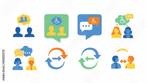 A flat lay of various colorful communication and collaboration icons on a clean white background with a professional and modern feel.