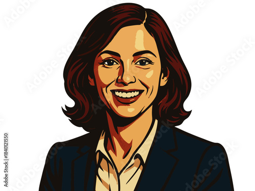 female marketer in a blazer, smiling and facing forward, suitable for business or advertising themes. Generative ai vector colorful pop art illustration.