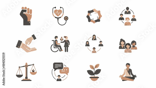 A set of flat design icons depicting various social and healthcare concepts on a white background with a mix of brown and black colors.