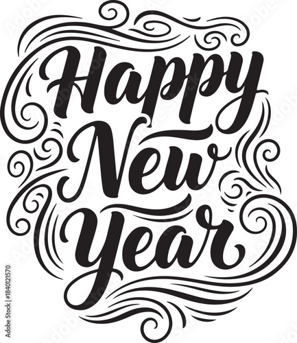 Elegant happy new year silhouette text design isolated on transparent background