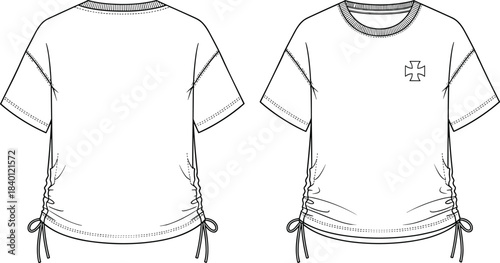 Technical Flat CAD Vector Drawing of a Fashion T-shirt Template, Front and Back Views, with Drawstring Side Ruching and Rib Knit Trim for Contemporary Women's Apparel Design Mockup, cad drawing flat 