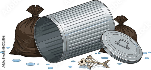 Illustration of an overturned trash can with garbage bags, spilled liquid, and a fish skeleton, representing waste, pollution, cleanup, sanitation, and environmental awareness