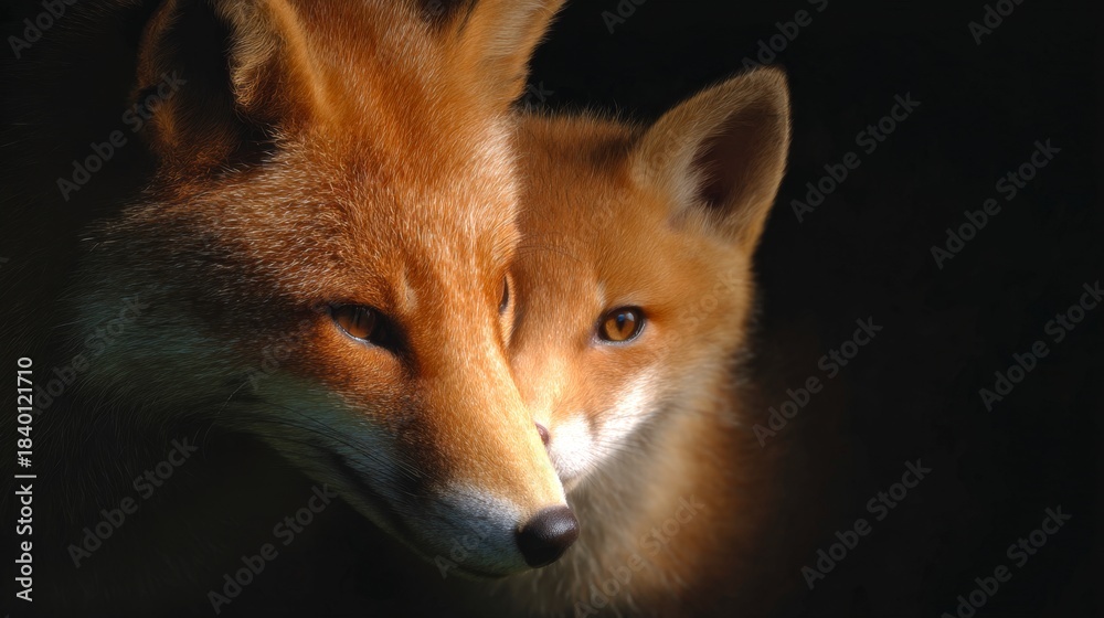 Naklejka premium A captivating image of a fox and its cub. The warm colors highlight their fur. A moment of connection in nature. Ideal for wildlife and animal lovers. AI