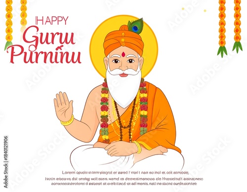 Guru Purnima celebration saint in orange robe blessing, yellow garlands