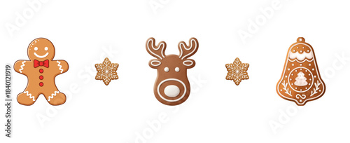 Cute Gingerbread, Reindeer, Bell, and Stars Christmas Clipart – Holiday Cookies and Festive Elements Illustration. Perfect for children’s projects, holiday cards, stickers, packaging, festive designs.