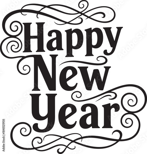 Elegant happy new year silhouette text design isolated on transparent background