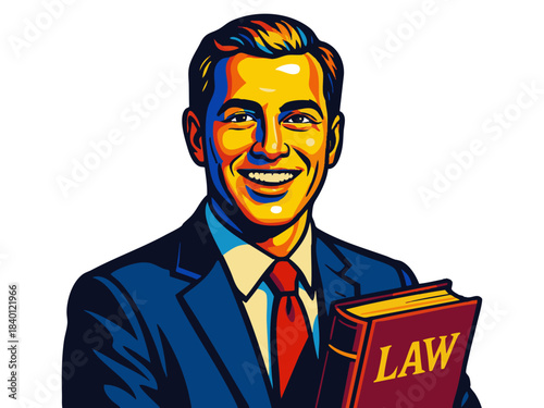 cheerful male lawyer in a suit holding a law book, perfect for legal or justice-related content. Generative ai vector colorful pop art illustration.