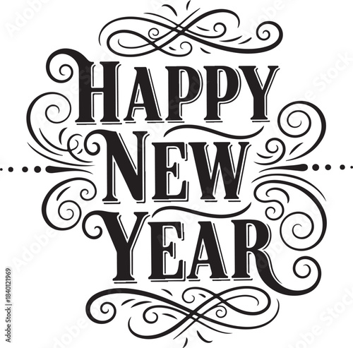 Elegant happy new year silhouette text design isolated on transparent background