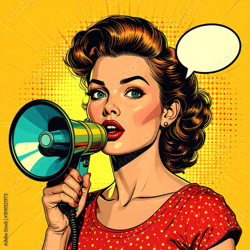 Pop art illustration of a woman speaking into a megaphone with a speech bubble