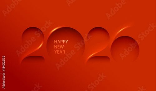 Happy New Year greetings. Elegant festive numbers 2026 on red background. Greeting card with calendar date.