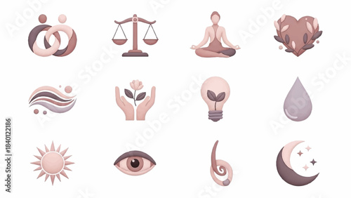 A collection of 12 flat design icons in shades of pink and brown, featuring various symbols and objects on a white background.